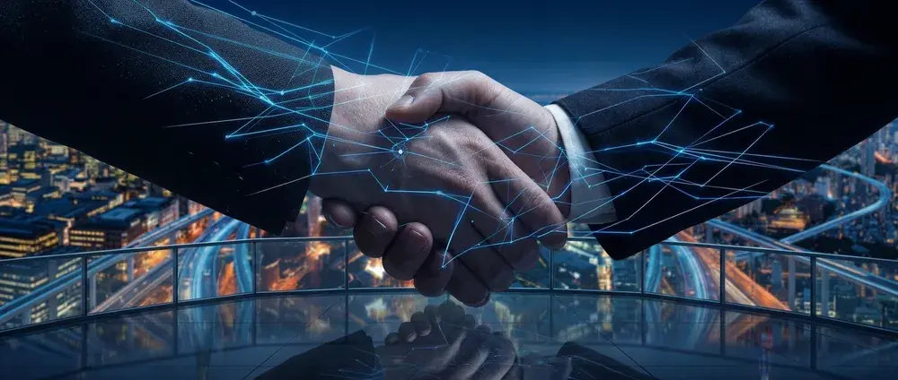 Business handshake over a city skyline at night