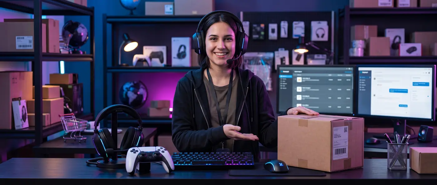 S M International team member packing gaming orders for dispatch