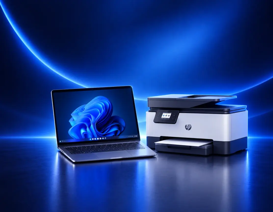 Laptop and HP all-in-one printer on a blue-lit surface