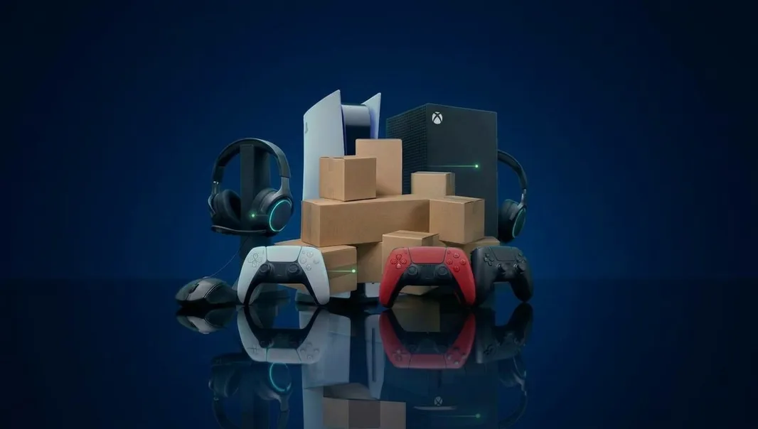 PlayStation 5, Xbox Series X, controllers and headsets stacked with shipping boxes