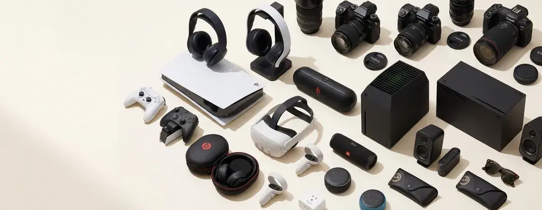 PlayStation 5, Xbox, Meta Quest, Beats, cameras and Ray-Ban eyewear laid out together